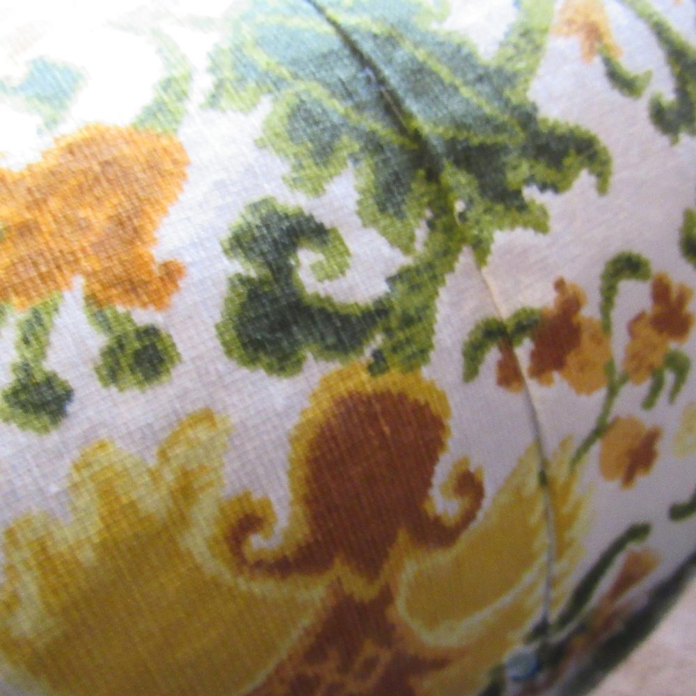 Vintage Large Yellow and Green Floral Linen Curtains Heavy Material 119 x 74